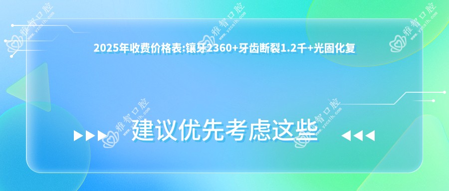 2025年收费价格表:镶牙2360+牙齿断裂1.2千+光固化复合树脂补牙0.1千+贵金属烤瓷牙3千+